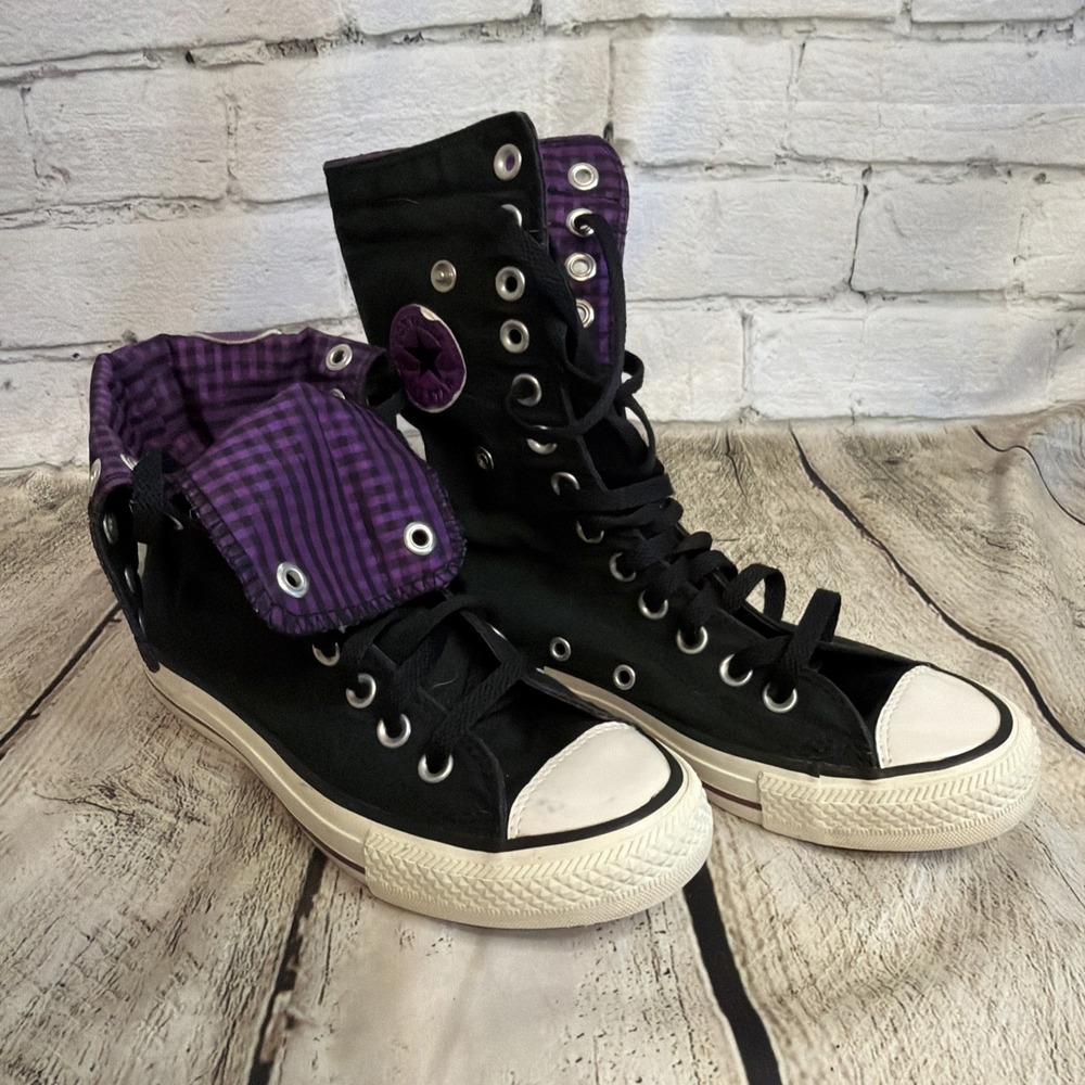 Converse All Star Black High Top Sneakers Fold Down purple Plaid Snap Womans 6